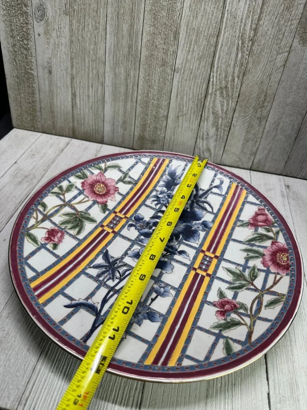 Vintage Oriental Accent Decorative Wall Plate Blue Pink Floral Design 12'' Round